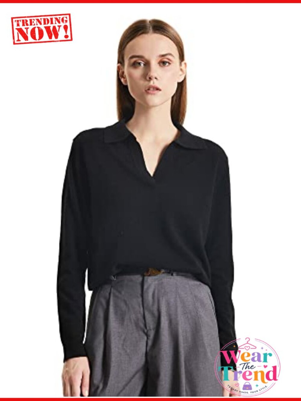 Cashmere Nylon Deep V-Polo Oversize Pullover Sweater Long Sleeve
